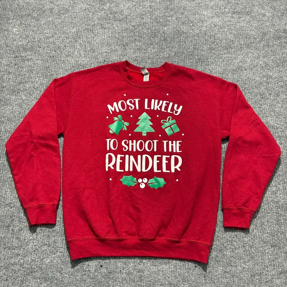Gildan "Most Likely To Shoot The Reindeer" Christmas Sweatshirt Size Medium Red